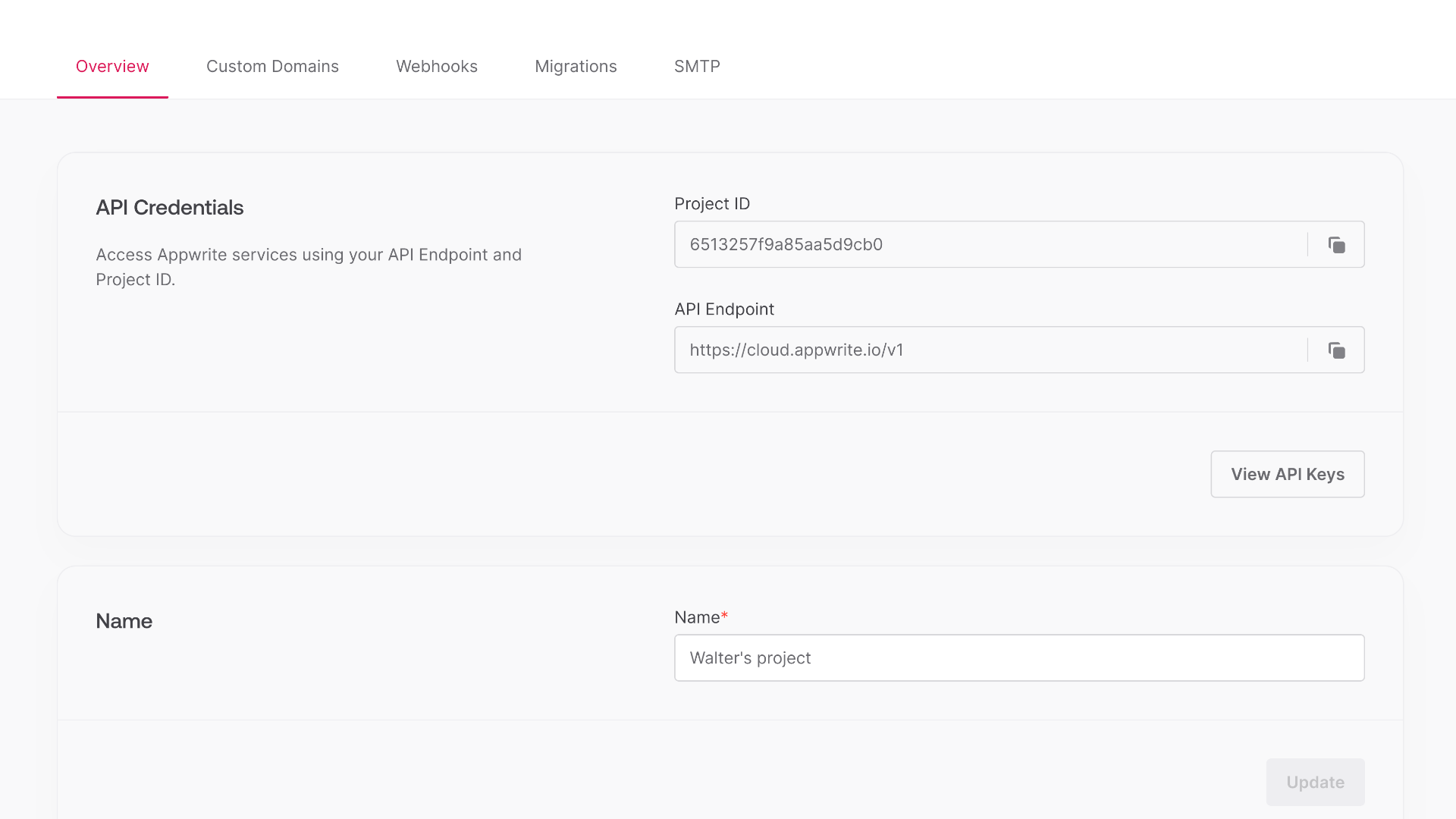 Project settings screen