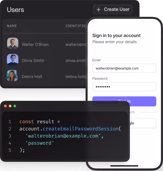 Phone screen alongside of a users table and a code snippet that controls Appwrite's messaging.