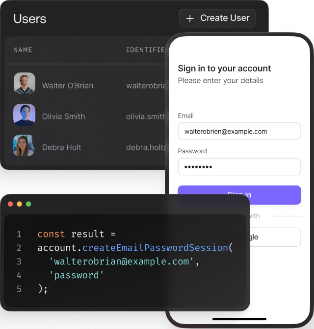 Phone screen alongside of a users table and a code snippet that controls Appwrite's messaging.