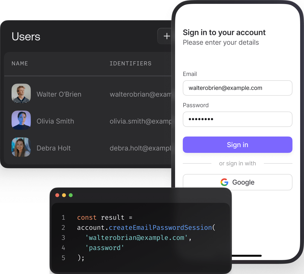 Phone screen alongside of a users table and a code snippet that controls Appwrite's messaging.