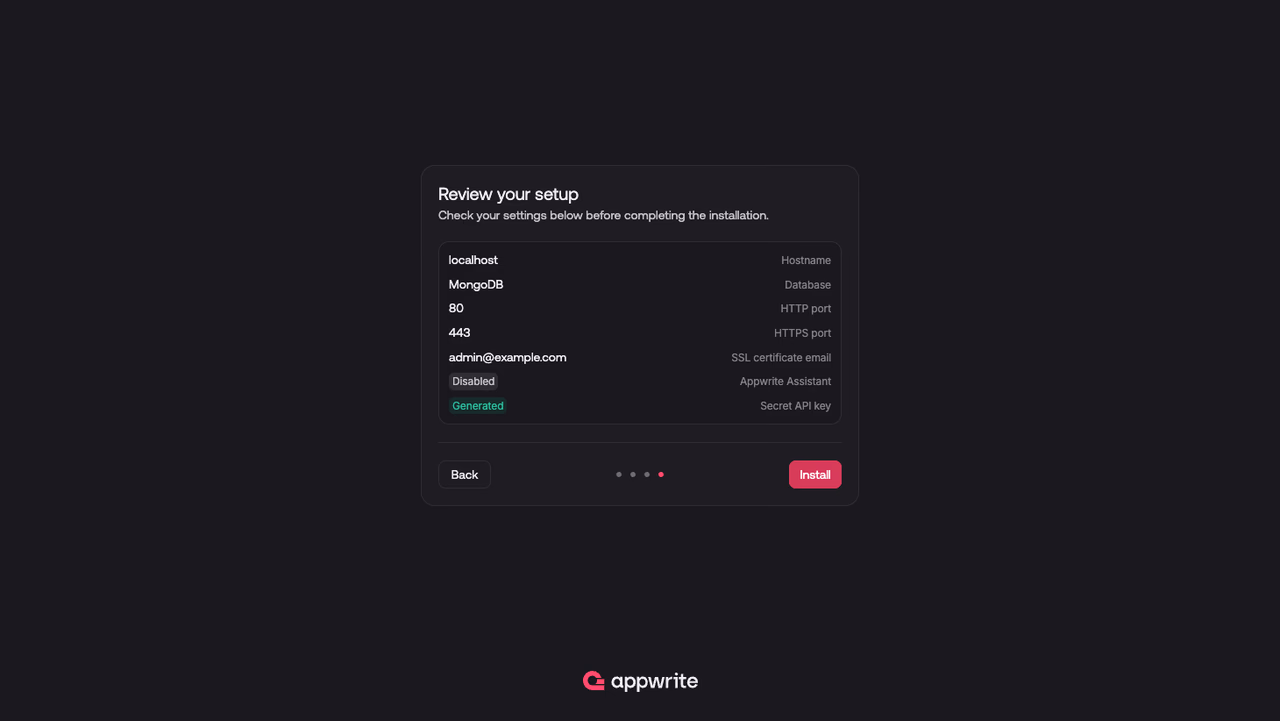 Review step of the Appwrite installation wizard