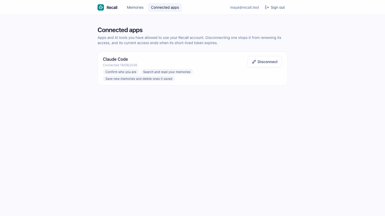 The connected apps page showing Claude Code with its granted permissions and a disconnect button