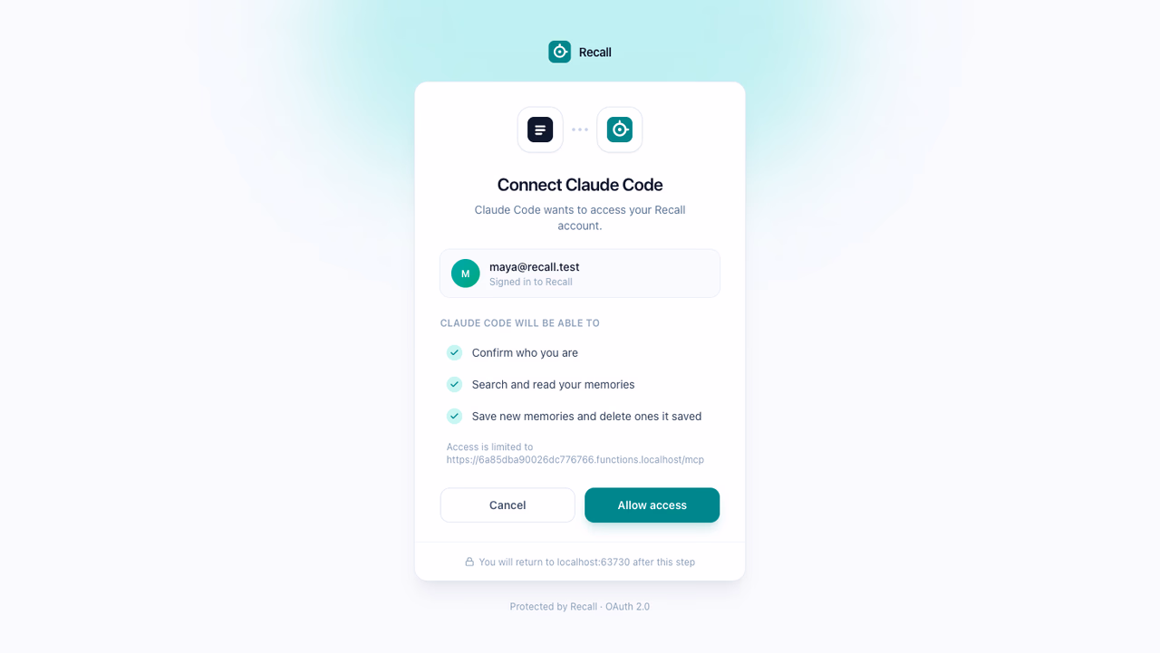 The Recall consent screen asking the user to grant Claude Code access to their memories