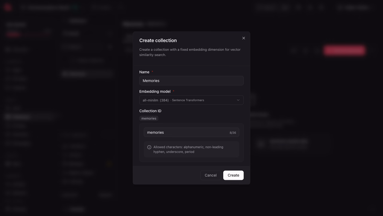 The create collection dialog with the all-minilm embedding model selected