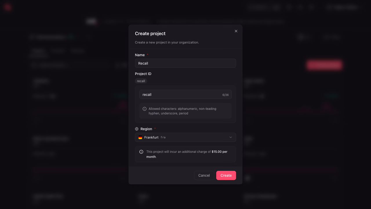 The create project dialog in the Appwrite Console with the name Recall and project ID recall
