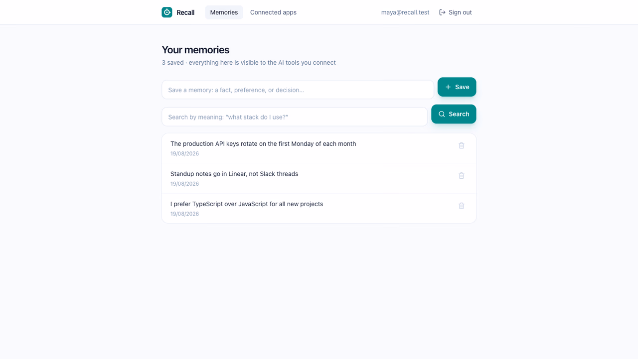 The Recall dashboard with saved memories and a semantic search box