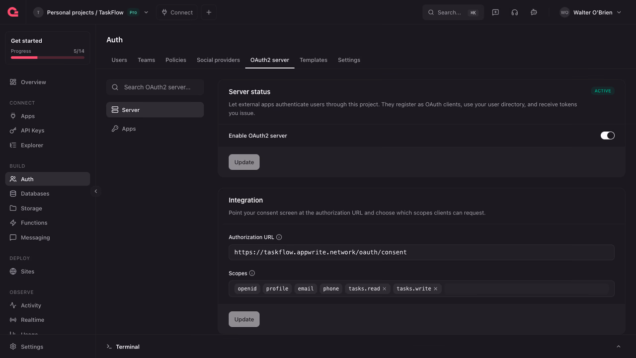 The OAuth2 server settings in the Appwrite Console