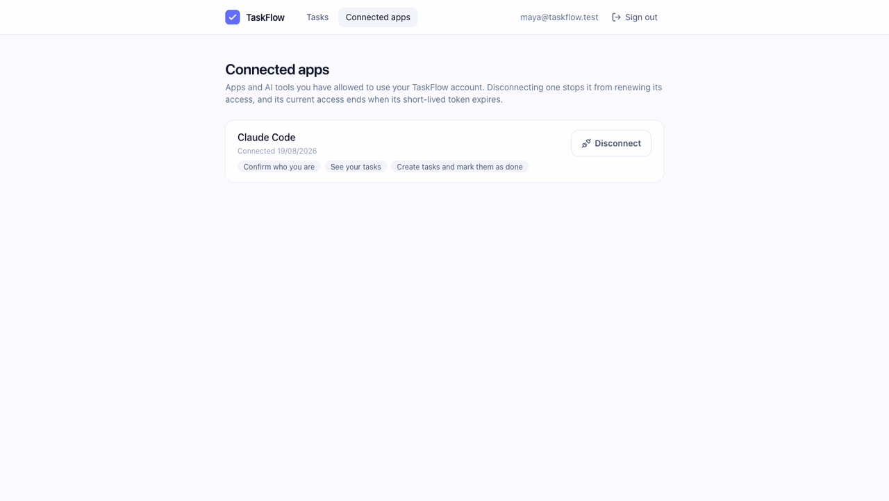 TaskFlow's connected apps page showing the Claude Code connection