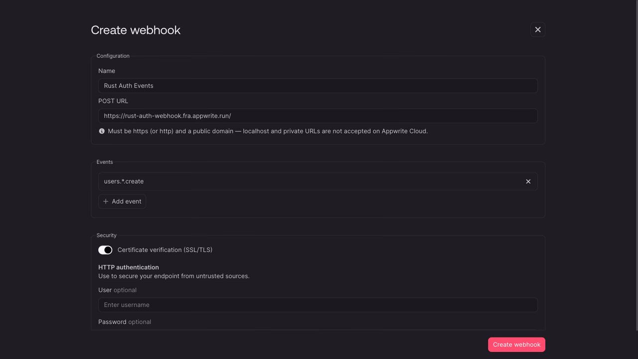 Create webhook screen filled in with Rust auth events