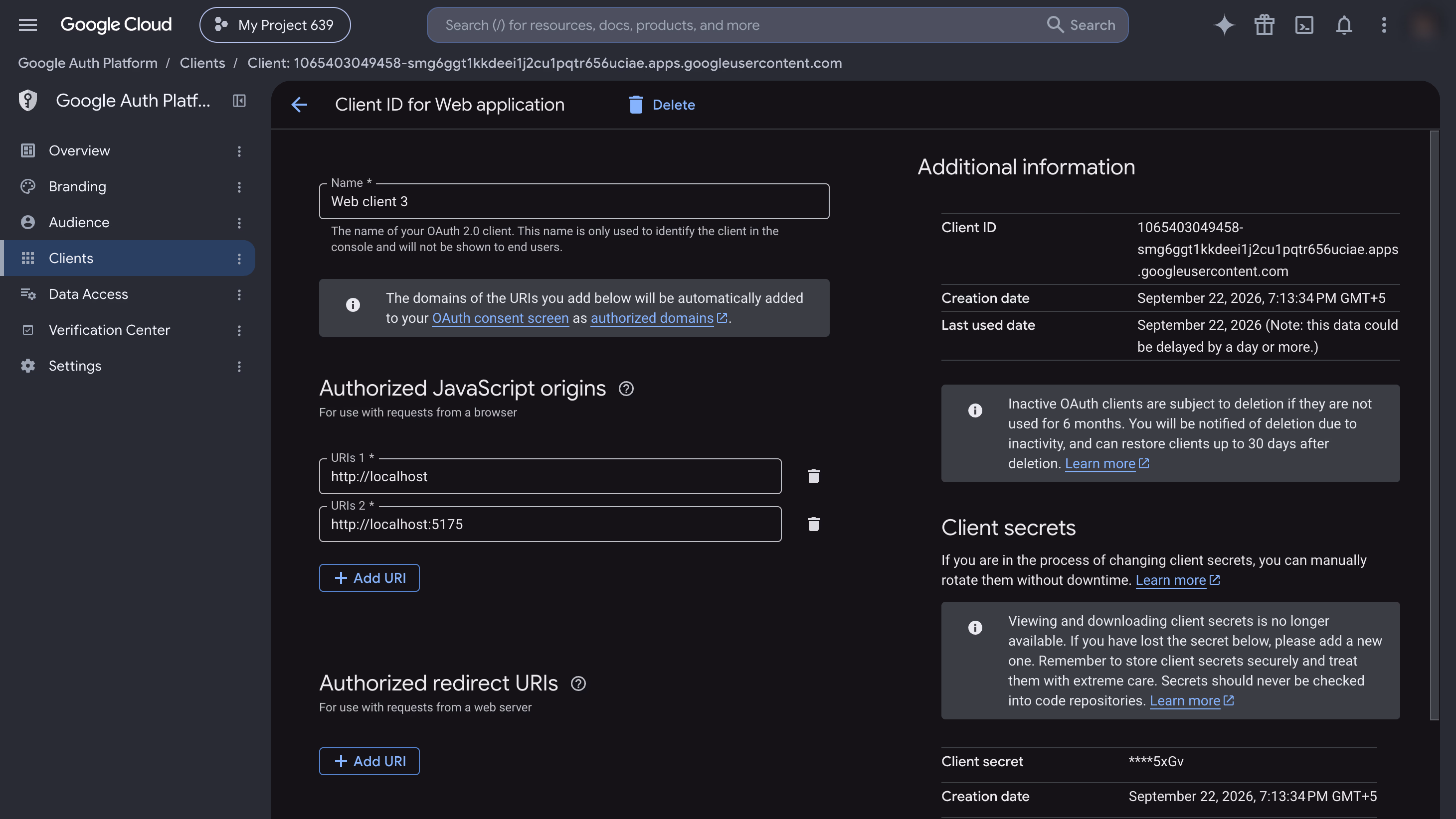 The web client in Google Auth Platform with two Authorized JavaScript origins for local development