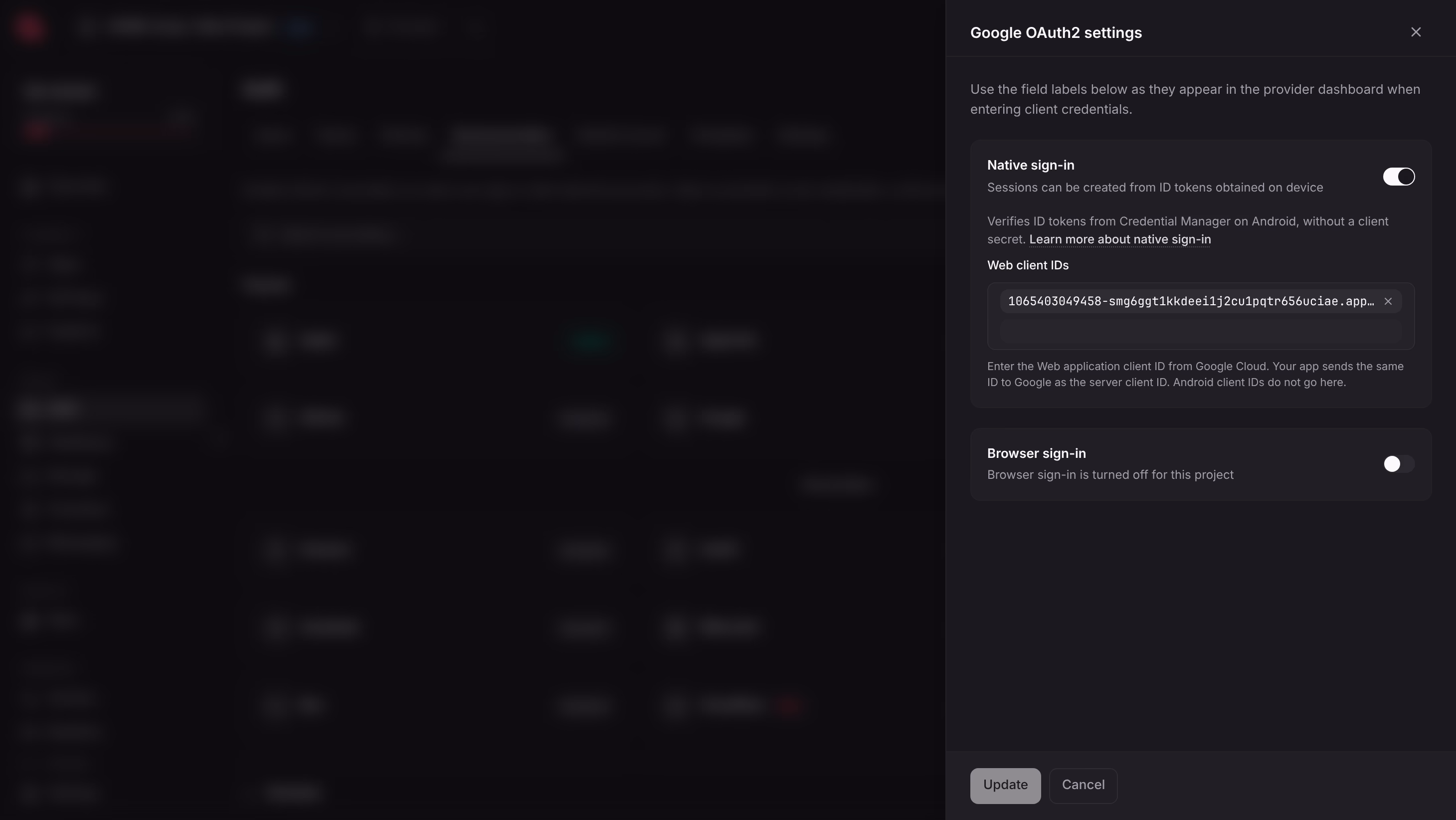 Google provider settings in Appwrite with native sign-in turned on and a web client ID added