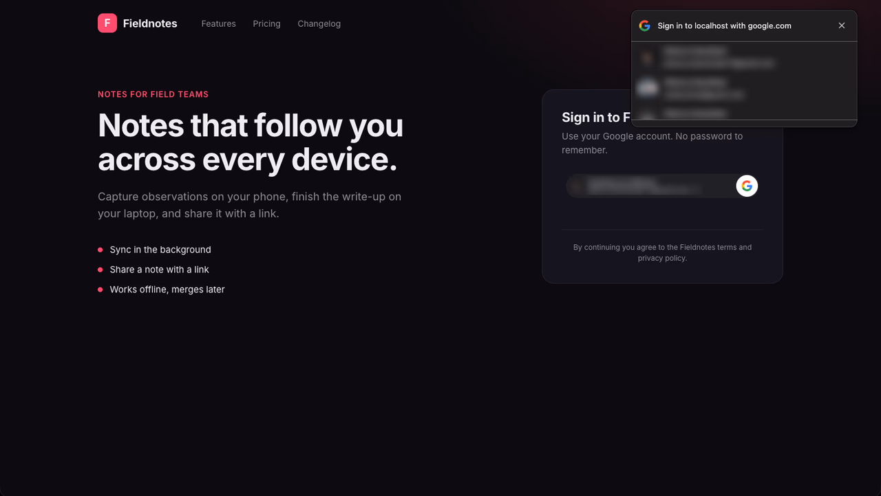 The Google One Tap prompt in Chrome on the Fieldnotes sign-in page