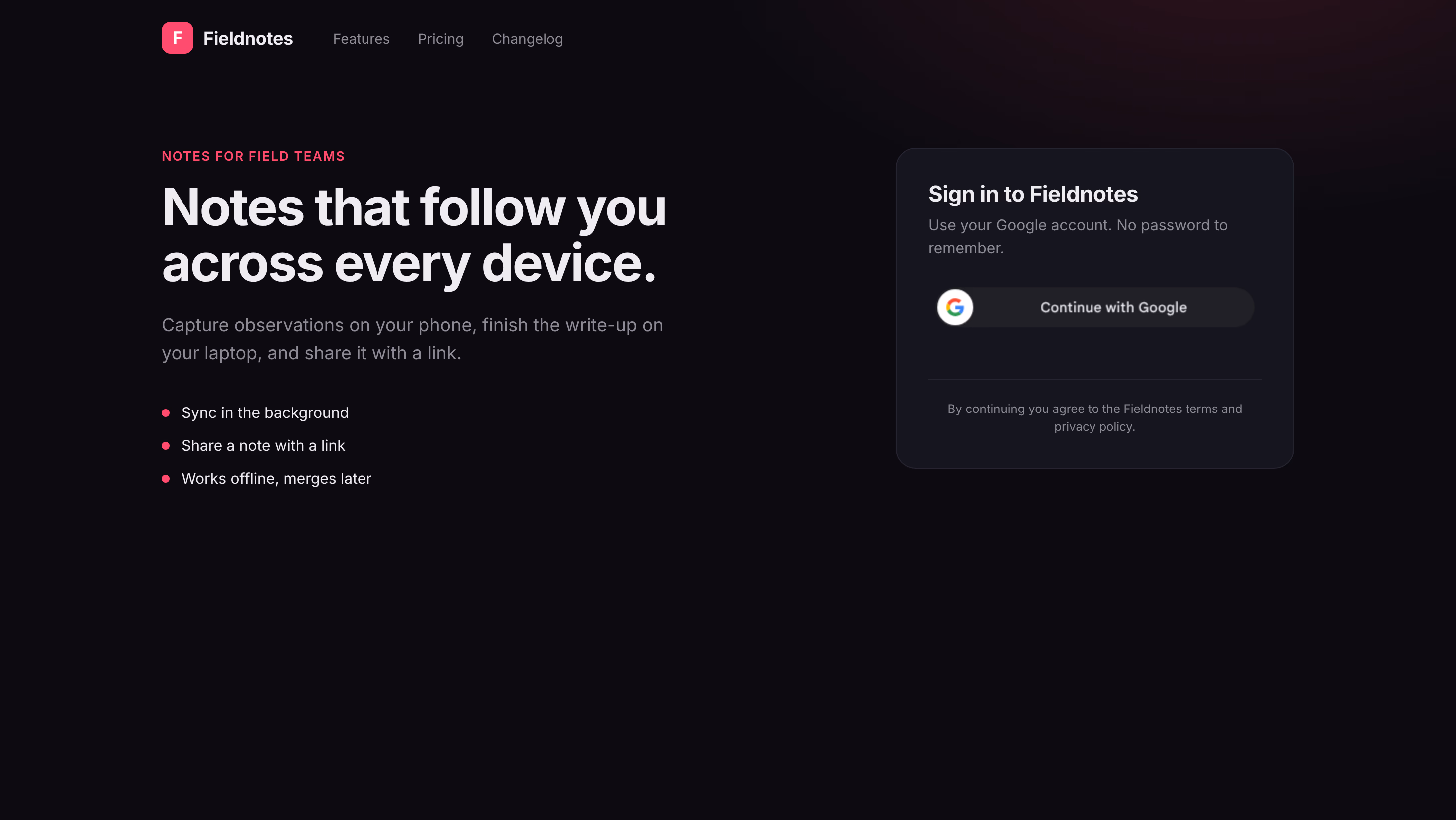 The Fieldnotes sign-in page with the Continue with Google button