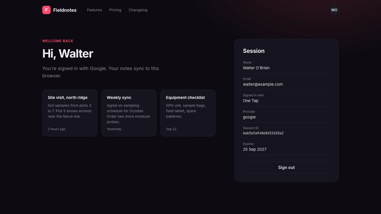 The Fieldnotes home page after One Tap sign-in, with the session details from Appwrite