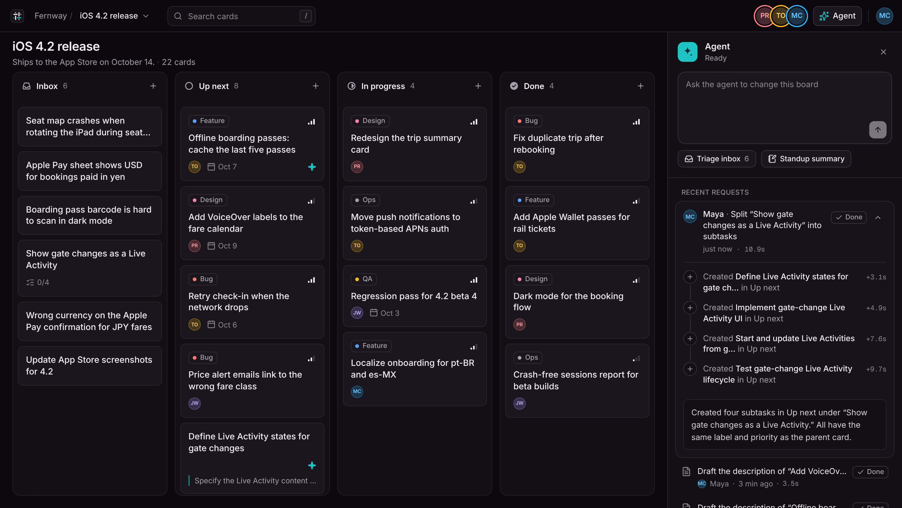 New subtasks of Show gate changes as a Live Activity in the Up next column, with Created steps in the agent panel