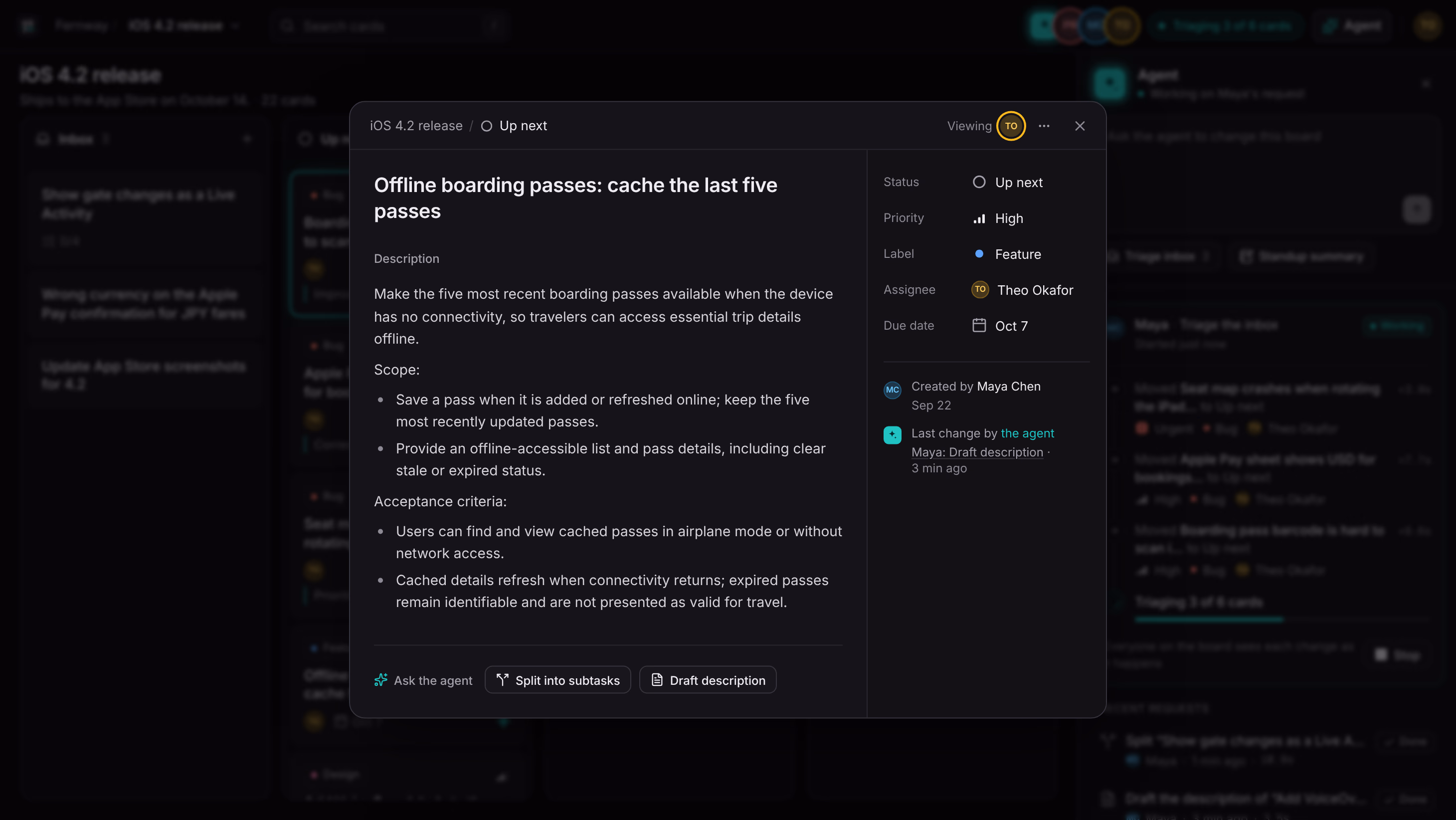 Theo's browser at the same moment: the Offline boarding passes card is open in front of the board, and the agent's triage status shows in the top bar behind it