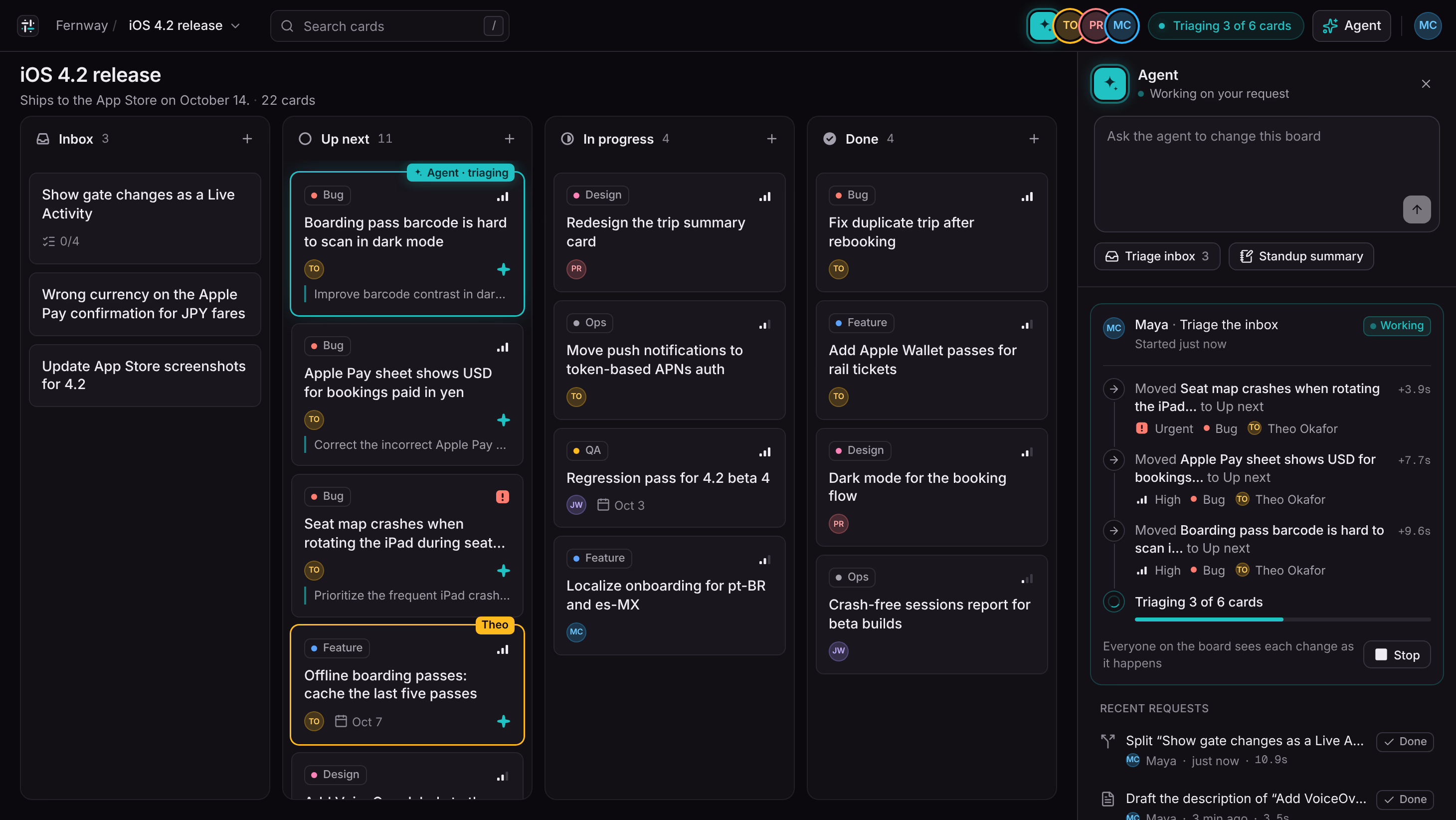Maya's browser during a triage: the agent's status reads Triaging 3 of 6 cards, a teal ring marks the card the agent is working on, and the agent panel shows Maya's request with its steps