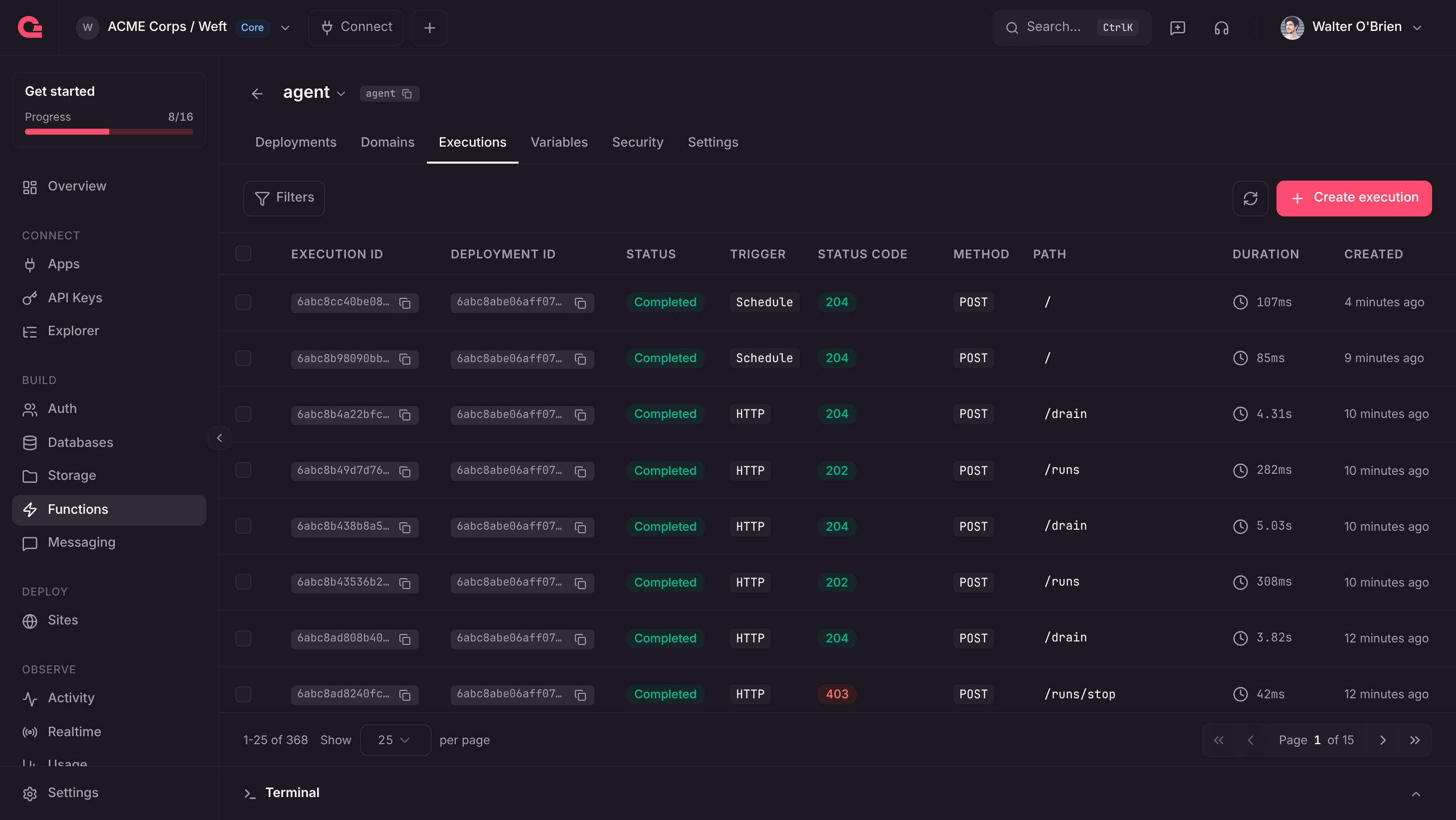 The Executions tab of the agent function with a short POST /runs execution, a longer POST /drain execution, and a schedule execution