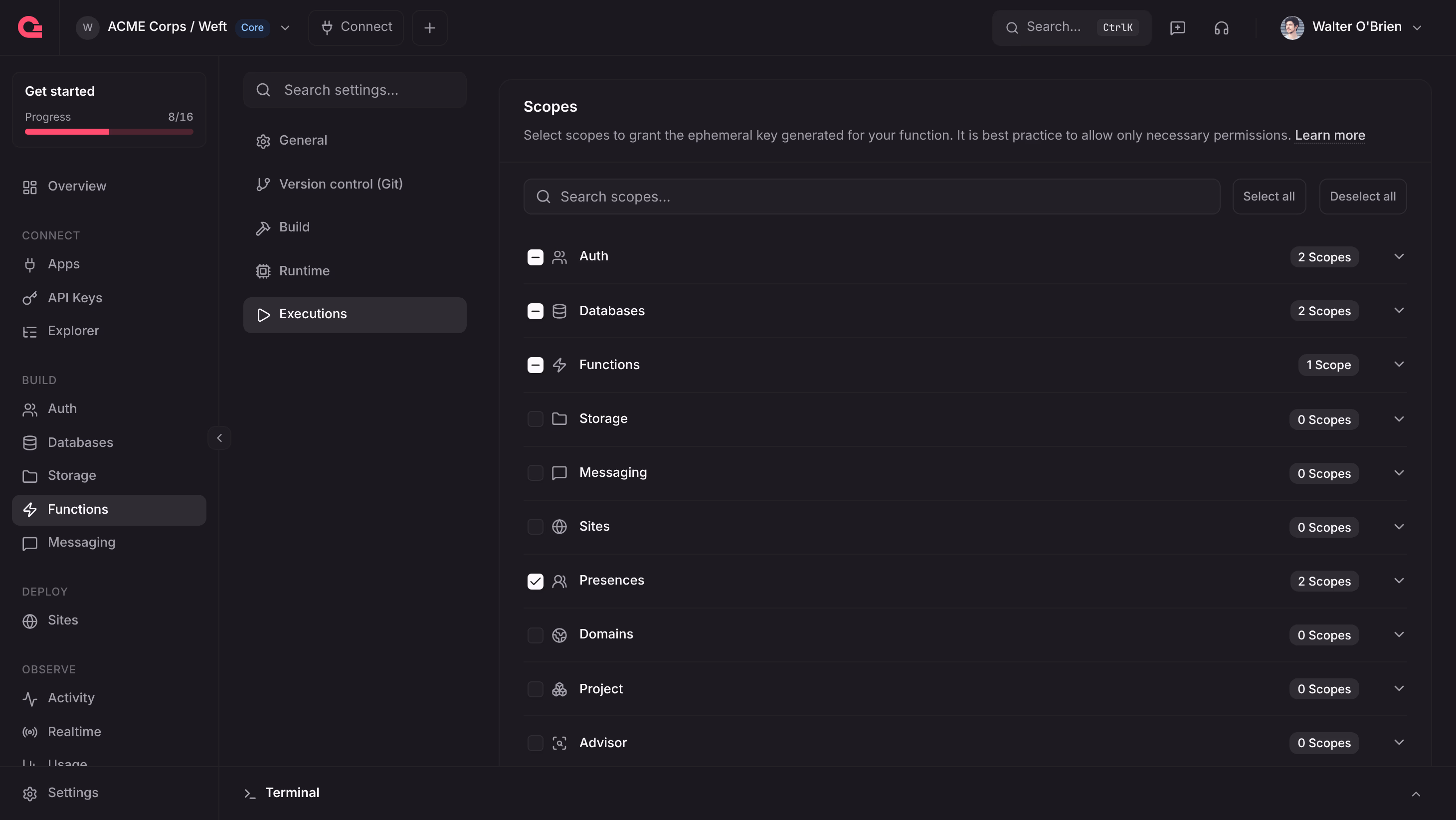 The Scopes card in the settings of the agent function with seven scopes selected, including presences.write and executions.write