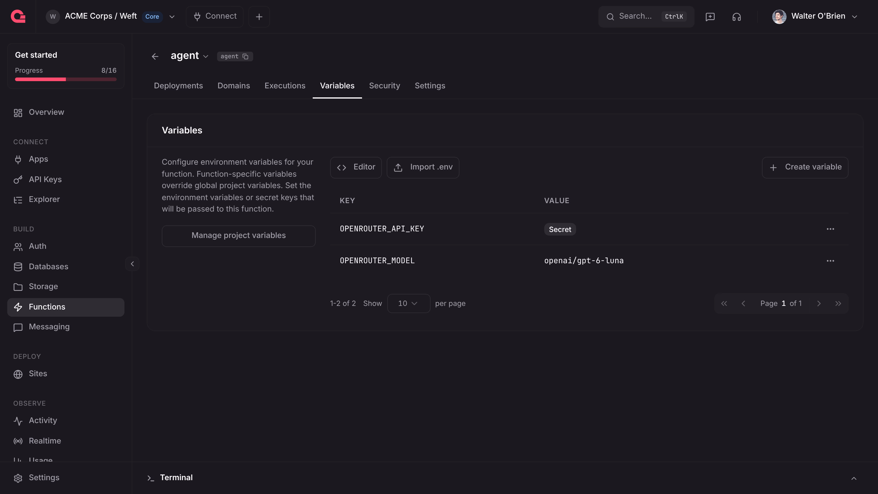 The Variables tab of the agent function with OPENROUTER_API_KEY marked as secret and OPENROUTER_MODEL set to openai/gpt-6-luna