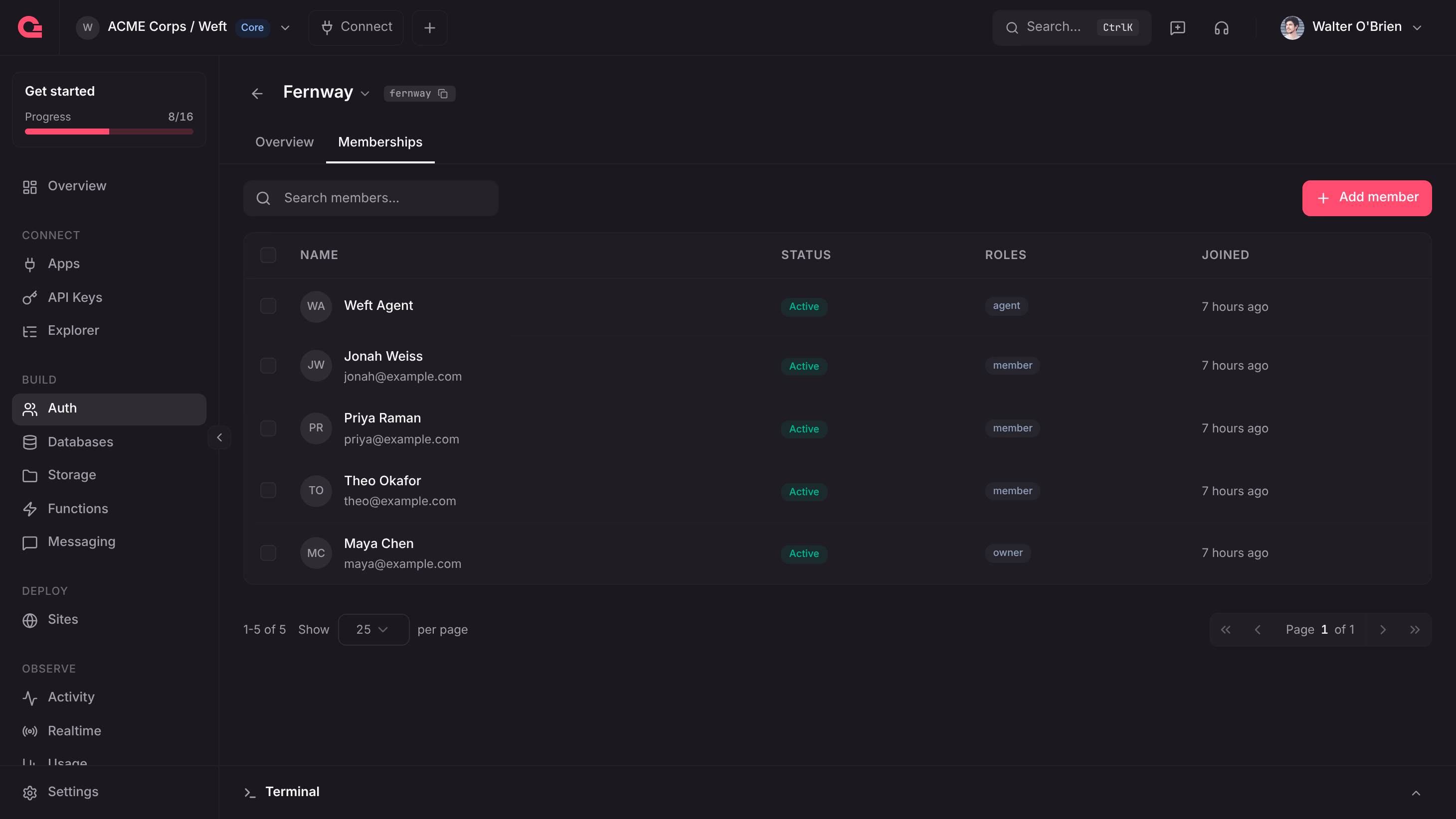 The Memberships tab of the Fernway team in the Appwrite Console with four people and Weft Agent, whose role is agent