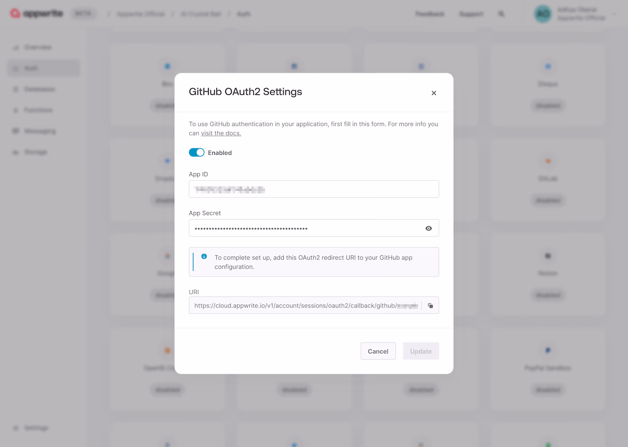 Appwrite OAuth for GitHub