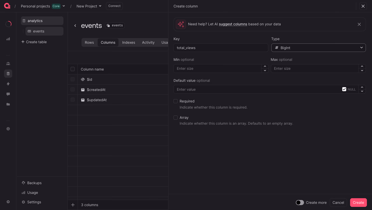 Creating a BigInt column in the Appwrite Console