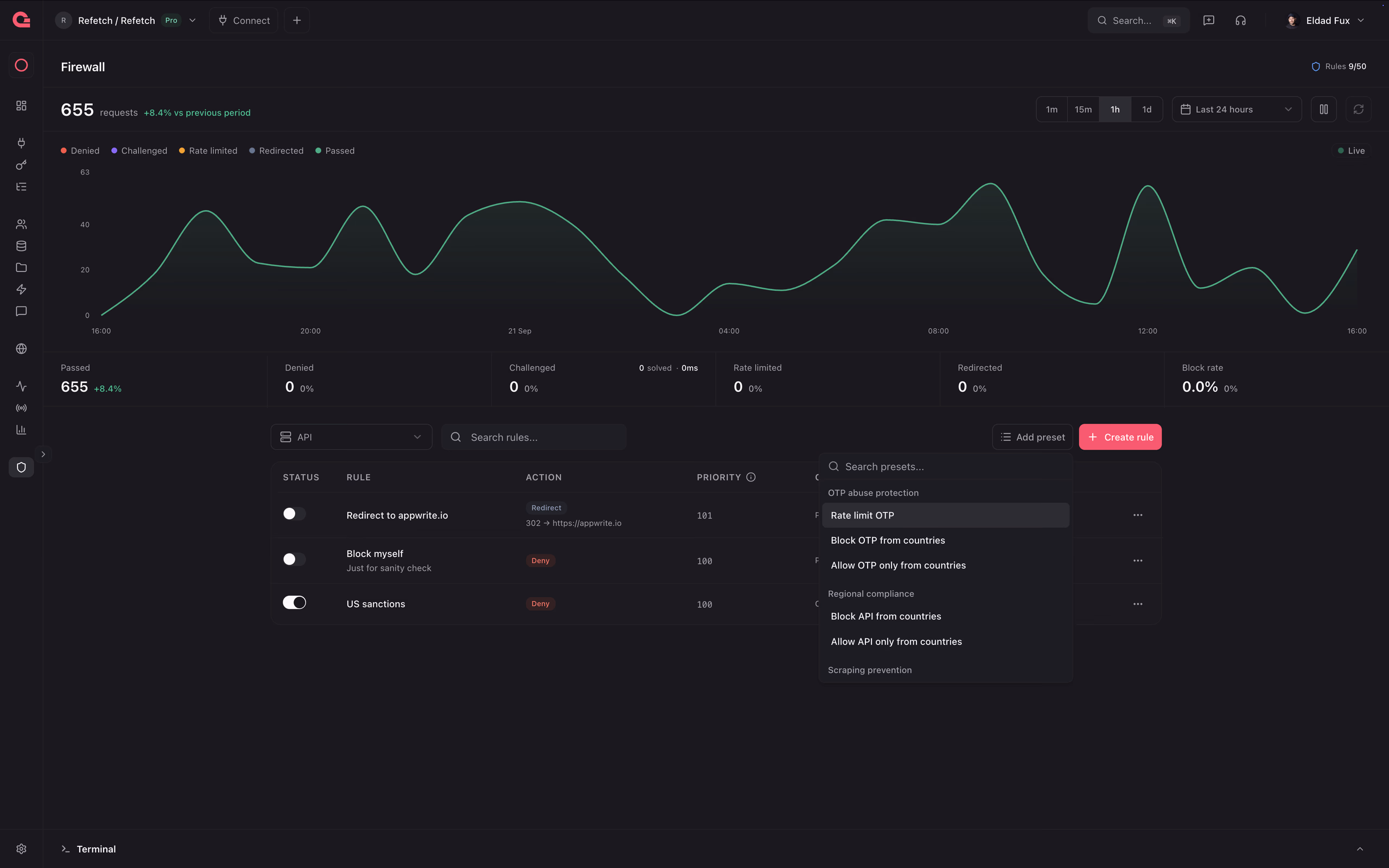 Firewall page with the Add preset menu open