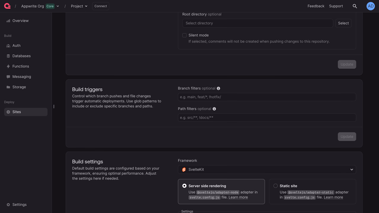 Build triggers settings in the Appwrite Console