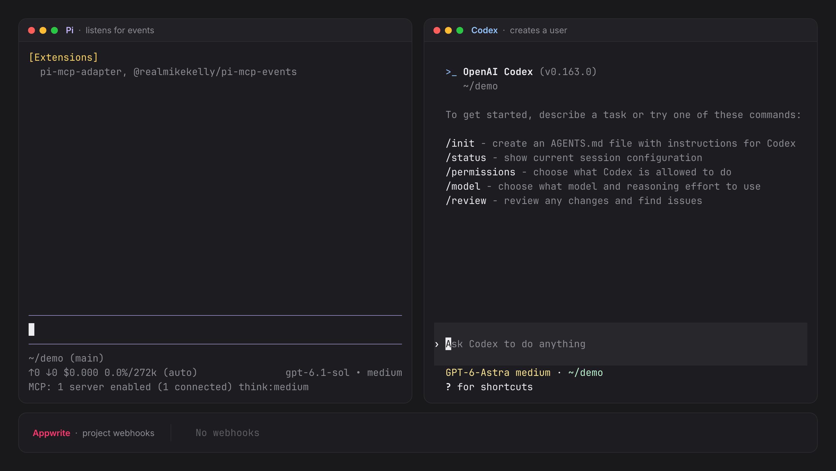 Pi subscribes to new users in an Appwrite project and waits. Codex creates a user, the event wakes Pi, and Pi reports the new user and unsubscribes