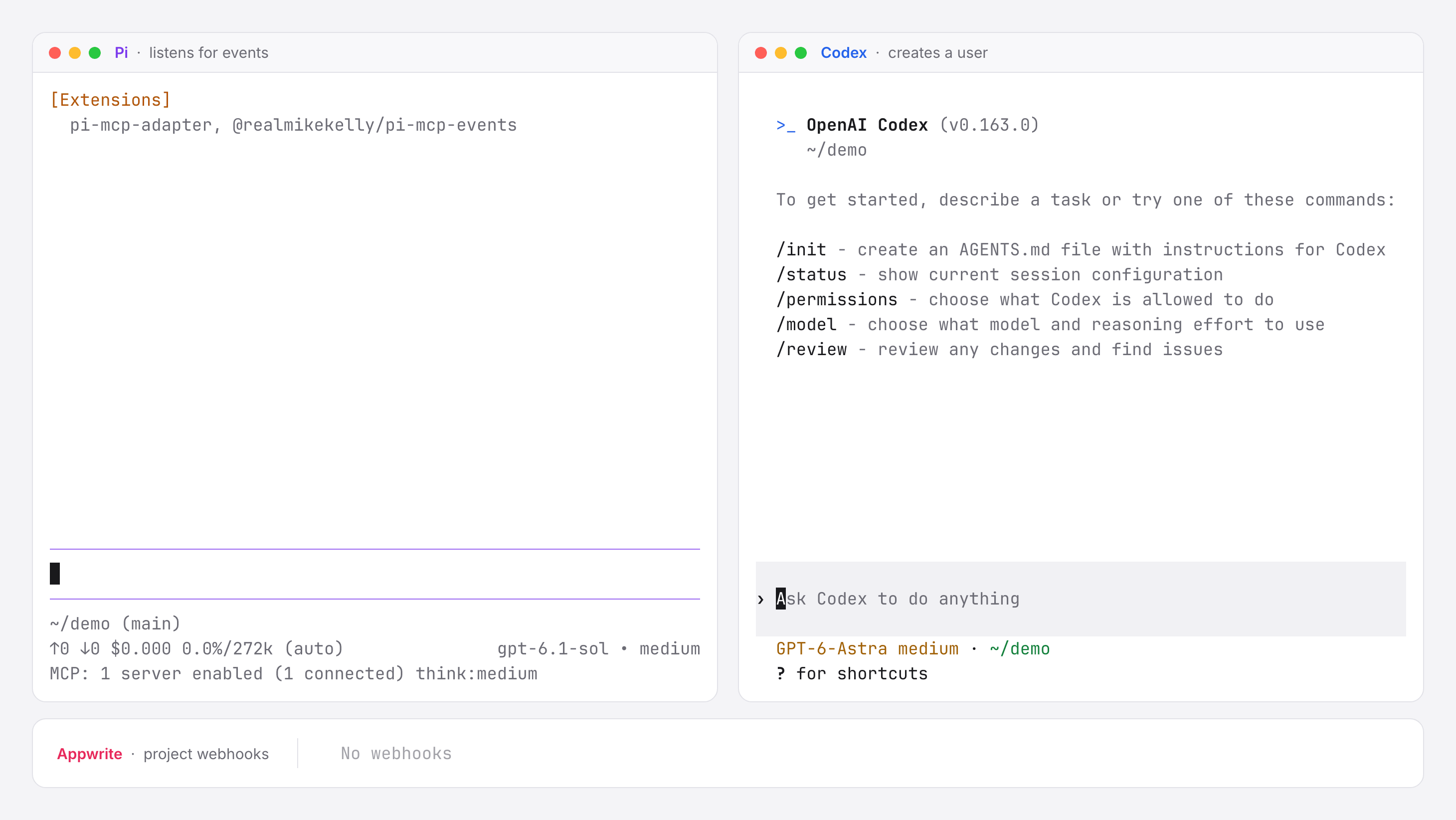 Pi subscribes to new users in an Appwrite project and waits. Codex creates a user, the event wakes Pi, and Pi reports the new user and unsubscribes