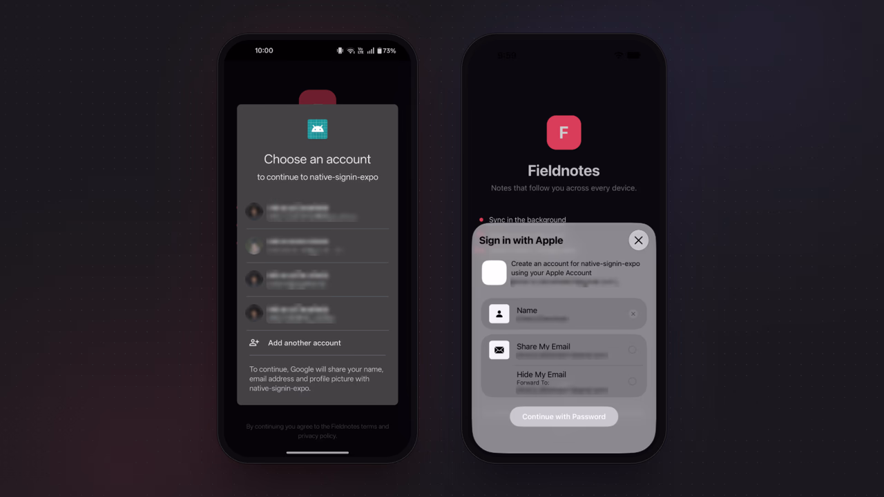 The Google account picker on Android and the Sign in with Apple sheet on iOS