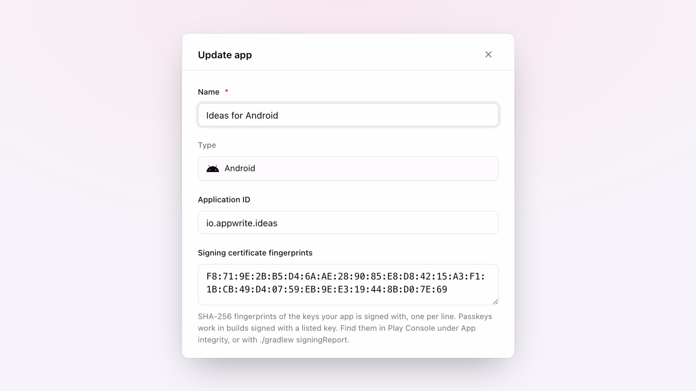 The Update app drawer with signing certificate fingerprints for an Android app