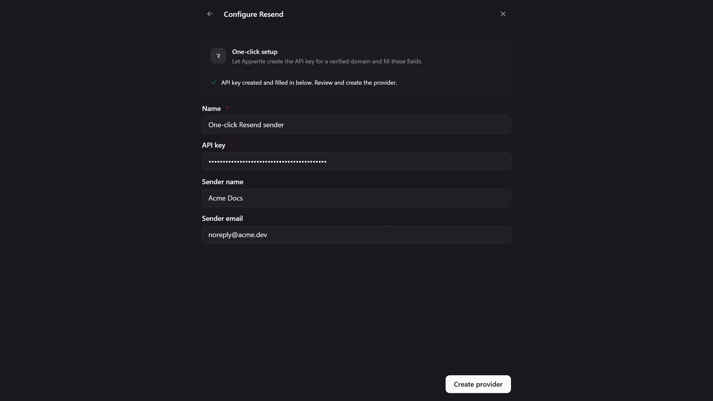The same step after Generate API key: the key, provider name, sender name, and sender email are filled in, ready to create the provider