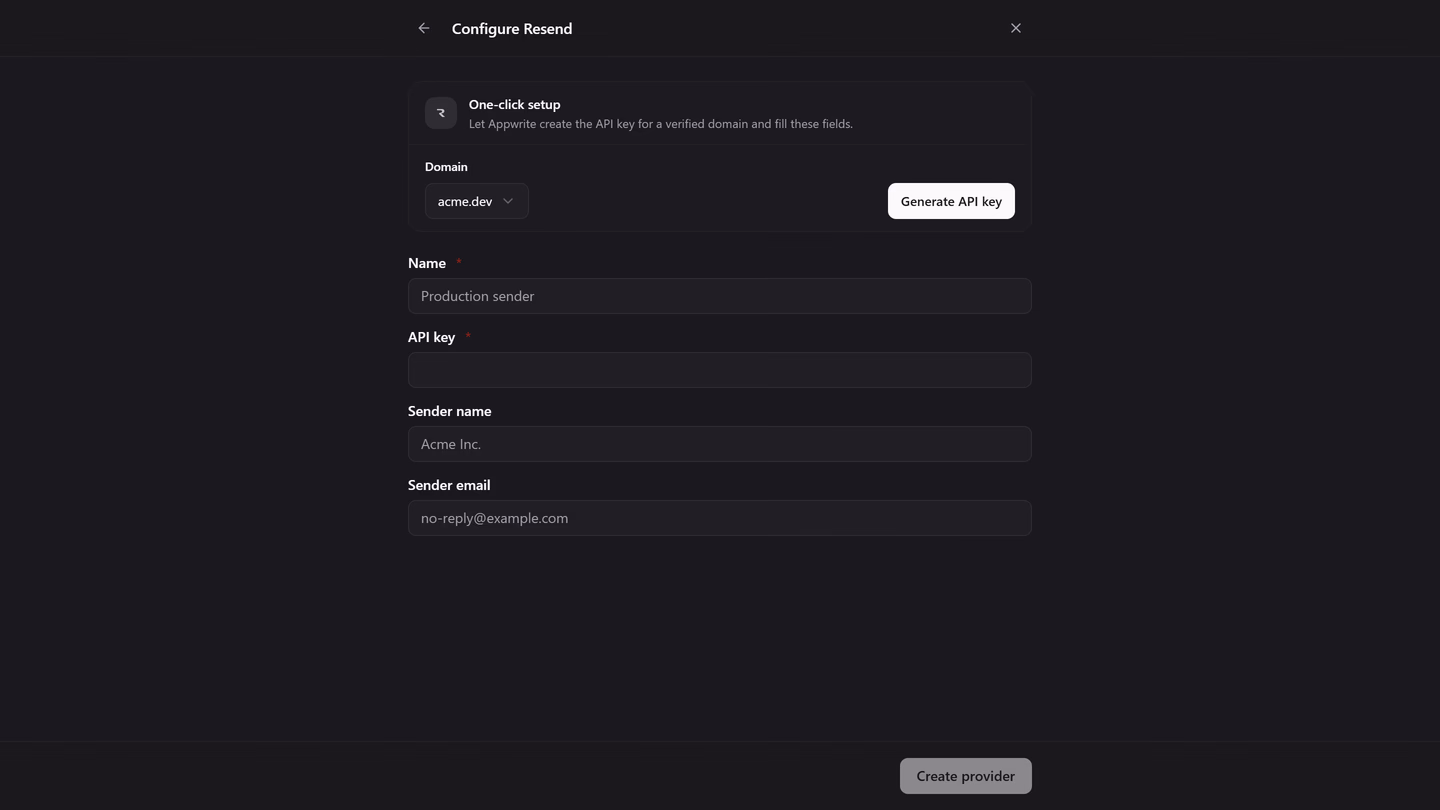 The Configure Resend step in Messaging, with the One-click setup card showing a domain picker and a Generate API key button