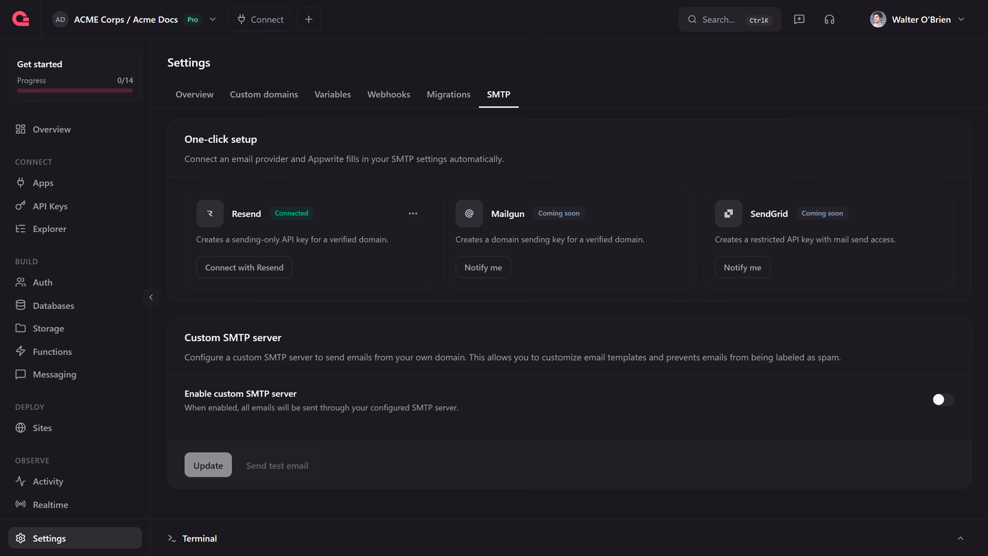The One-click setup card on the SMTP tab, with Resend connected and Mailgun and SendGrid marked coming soon