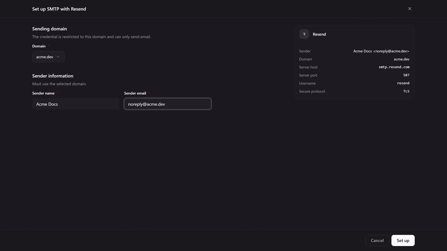 The Set up SMTP with Resend wizard: a verified domain, sender name and email, and the relay settings summarized in the sidebar