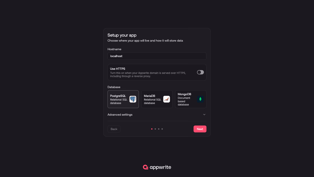 Setup your app step of the Appwrite installation wizard with the database selection