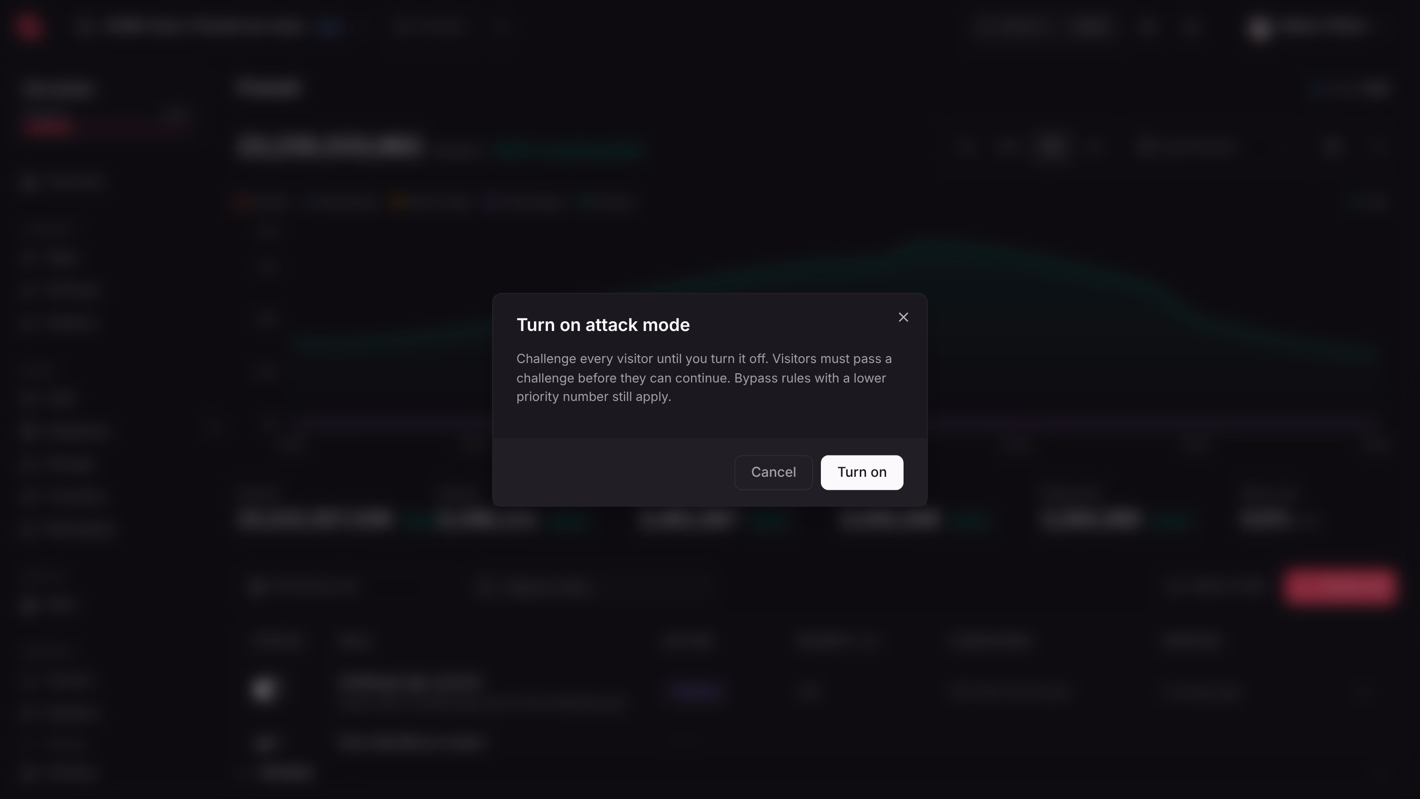 Turn on attack mode dialog for a site