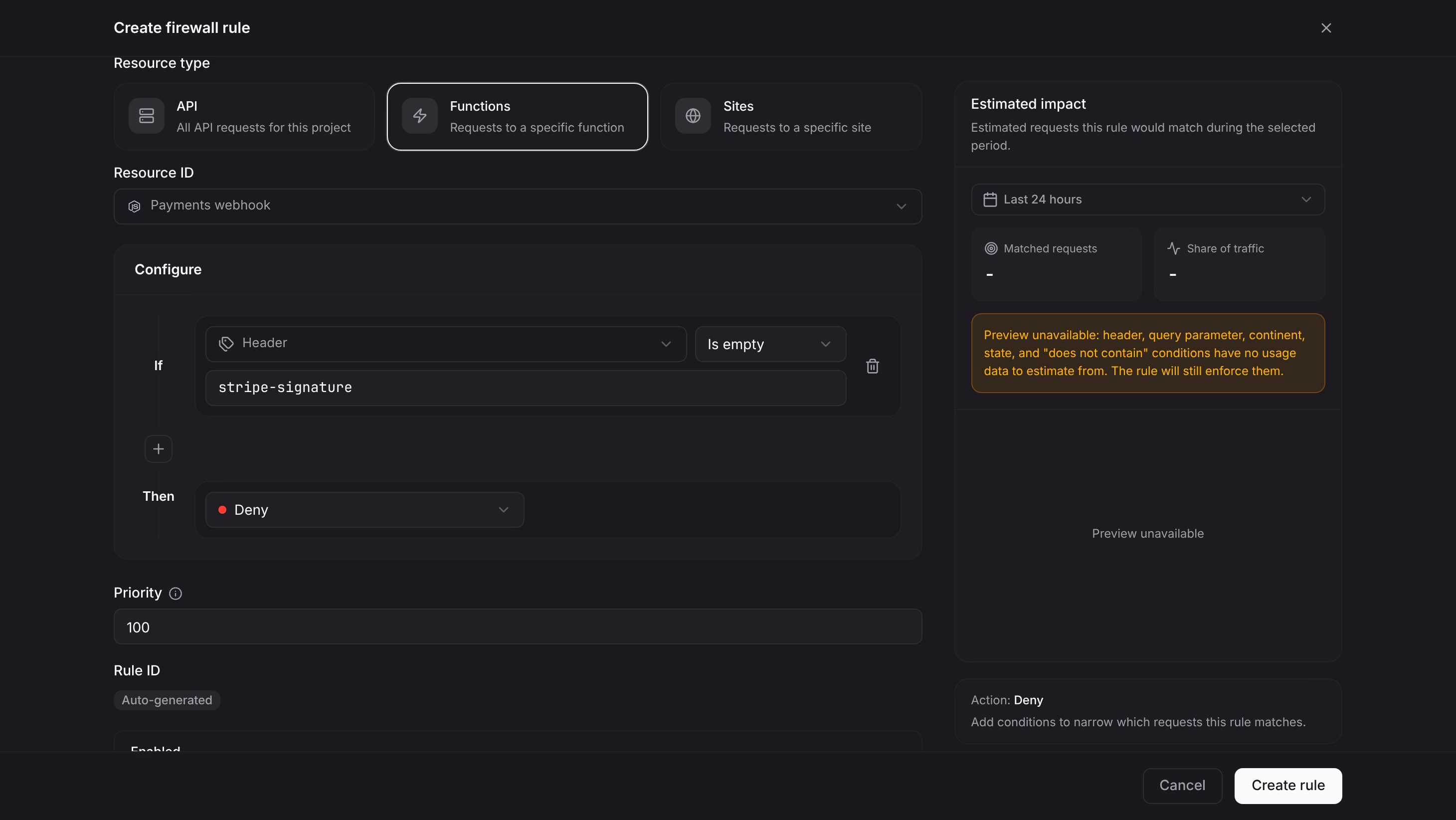 Function rule that denies requests when the stripe-signature header is empty