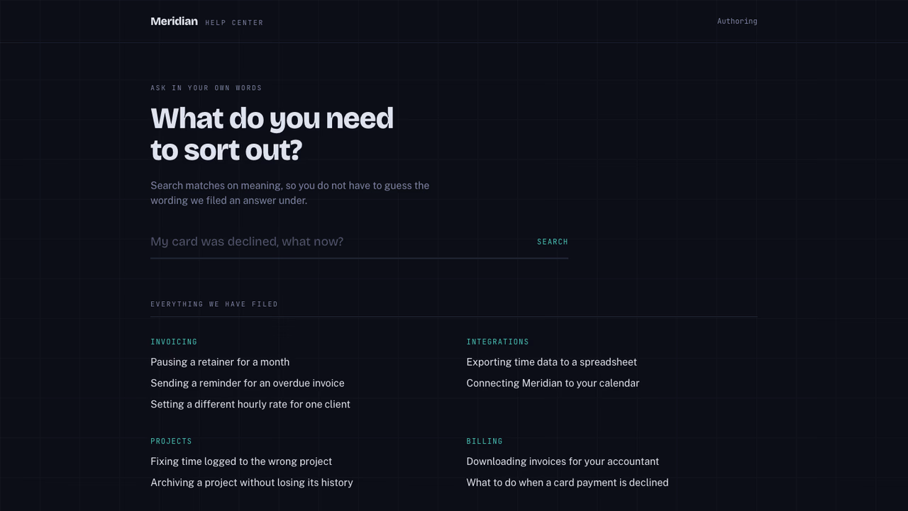 A help center with articles grouped by category