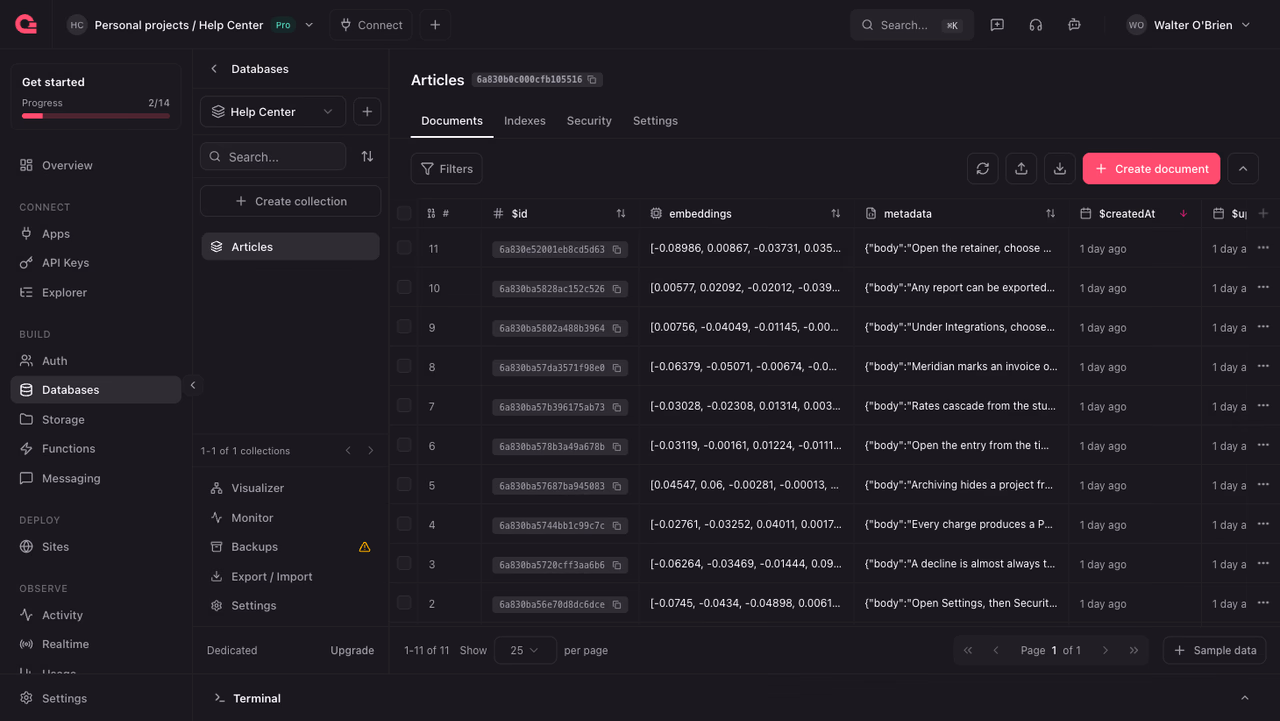 The Articles collection with the embeddings and metadata columns