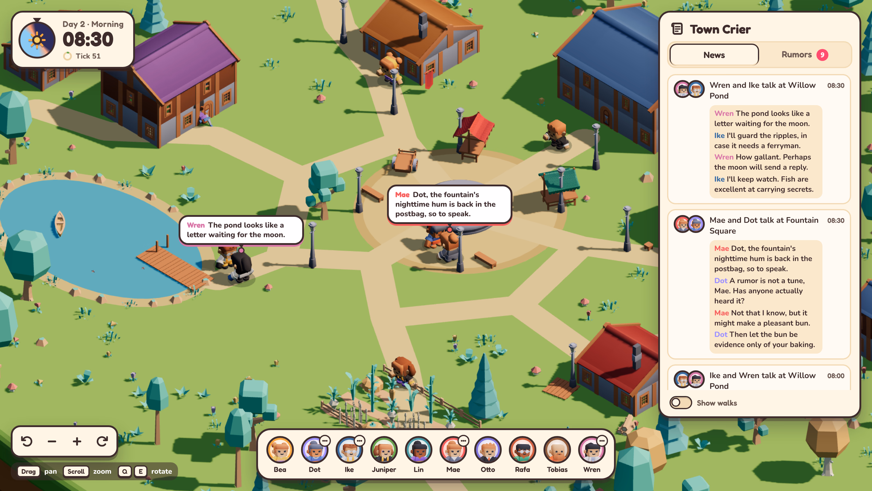 Mae and Dot talk by the fountain and Wren talks at the pond, their lines appear in speech bubbles, and the Town Crier shows the same conversations