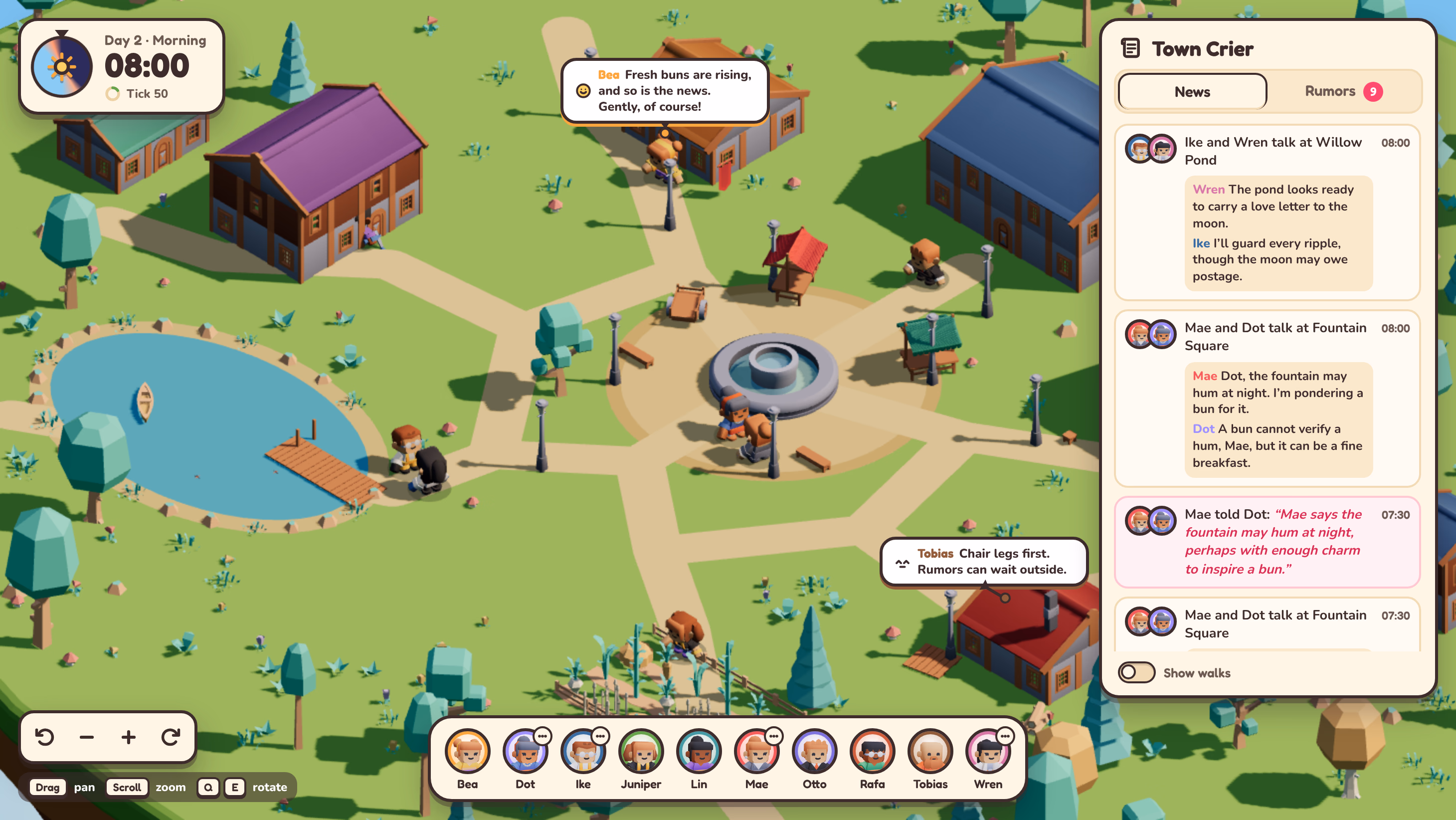 Murmur in the morning: residents work and talk around the bakery, the fountain square, and the pond, and speech bubbles show what they say