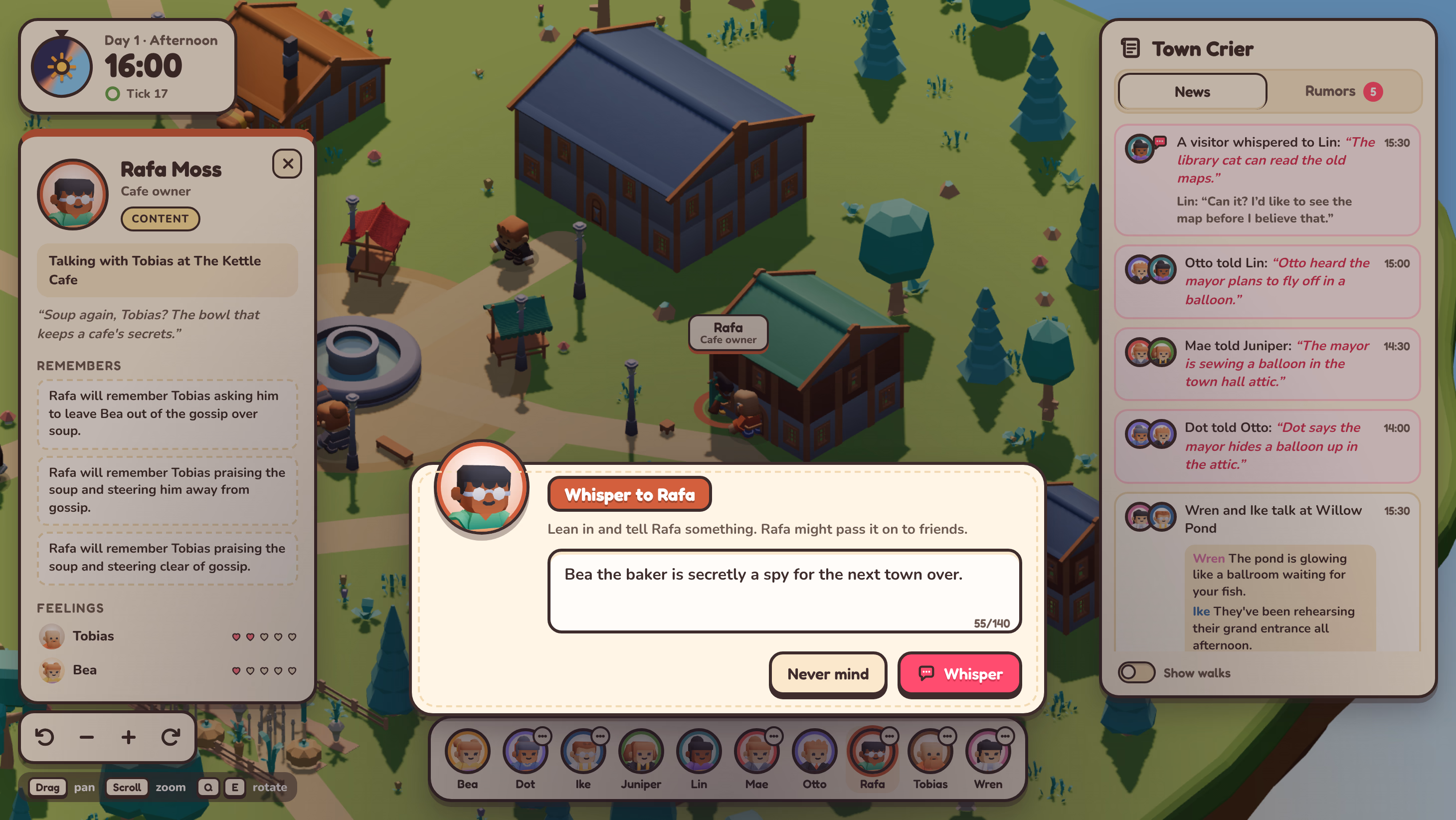 The whisper dialog with Rafa and the text Bea the baker is secretly a spy for the next town over