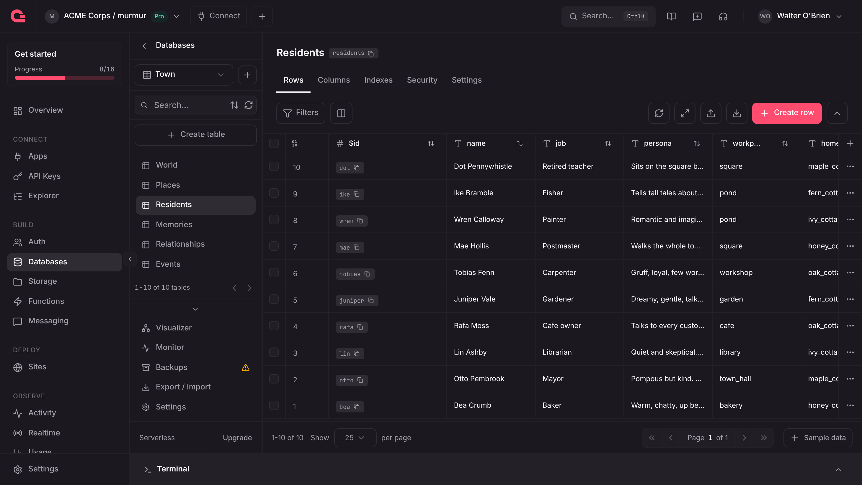 The Rows tab of the residents table in the Town database in the Appwrite Console, with ten residents and their name, job, persona, and workplace