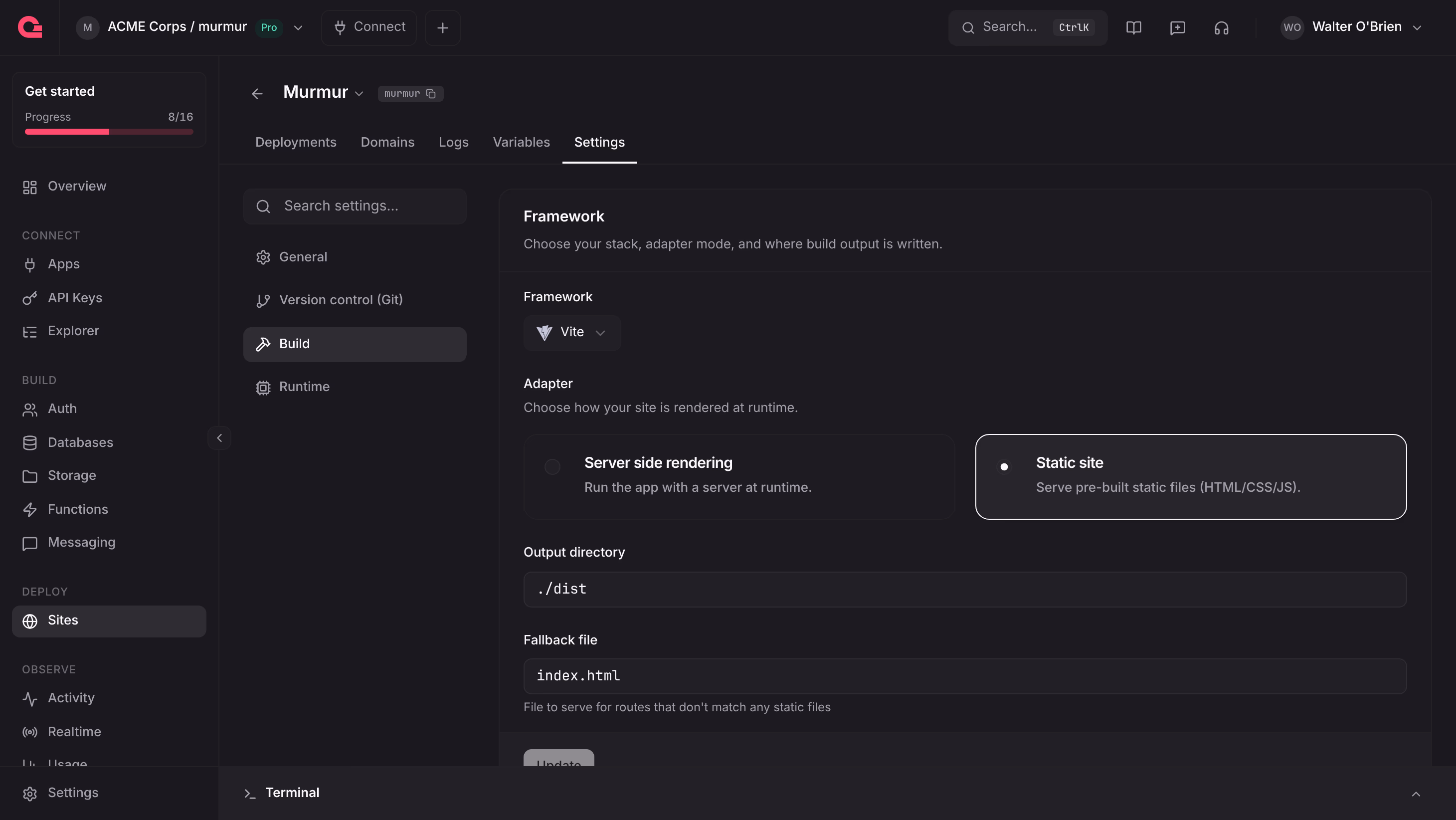 The Build settings of the Murmur Site in the Appwrite Console with the Vite framework, the Static site adapter, the output directory ./dist, and the fallback file index.html