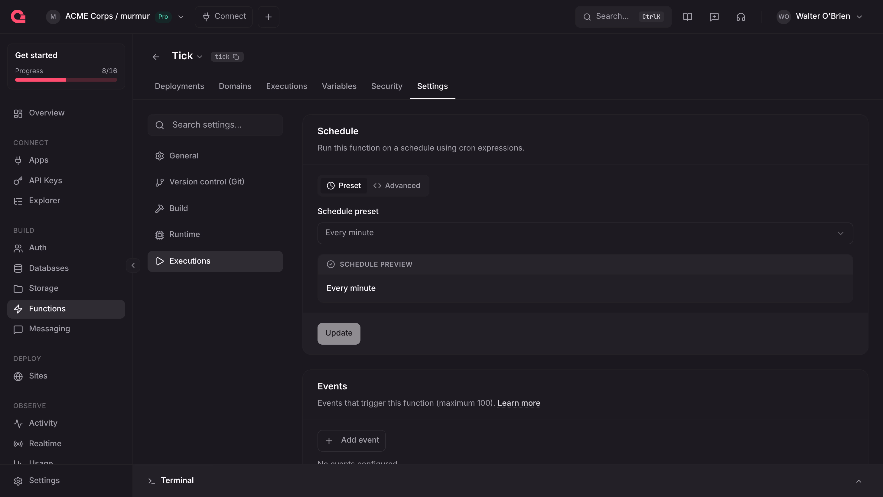 The Executions settings of the Tick function with the Every minute schedule preset