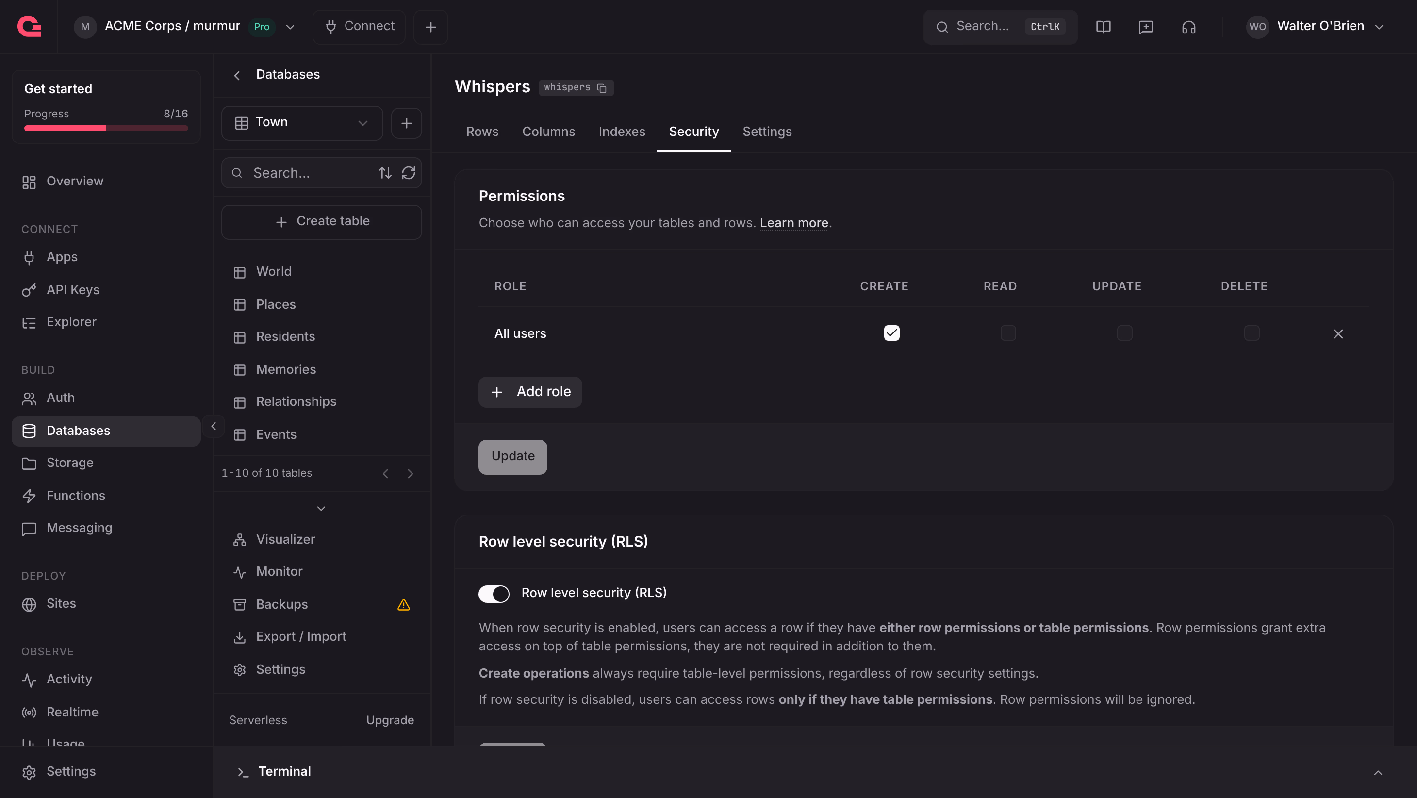 The Security tab of the whispers table with Create permission for all users and row level security turned on