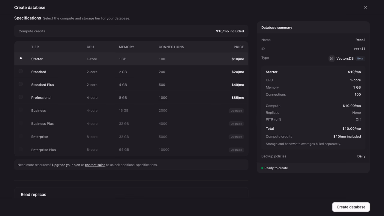 The specifications step of the create database wizard showing compute tiers